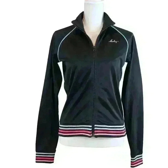VINTAGE Y2K Hurley Black Zip Up Jacket w/Rainbow Waistband and Cuffs Size Medium - Picture 1 of 10